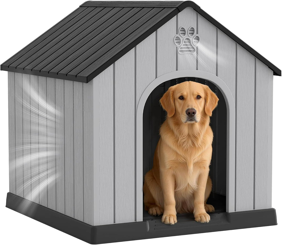 Fancyango Large Dog House Outdoor Indoor for Medium Large Dogs, Durable Plastic Waterproof Doghouse with Air Vents and Elevated Floor, Easy Clean and Assemble (Black, 36.2''L×38''W×38''H)