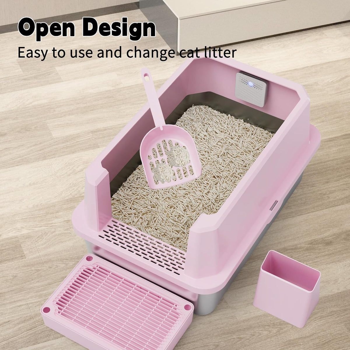 RIZZARI High-Sided Large Cat Litter Box: 2-Pack for Multi-Cat Use | 304 Steel Odor-Resistant Tray / 6.5" High Splash Guard / Dual Anti-Tracking / Built-In Deodorizer / Spacious for Large Breeds