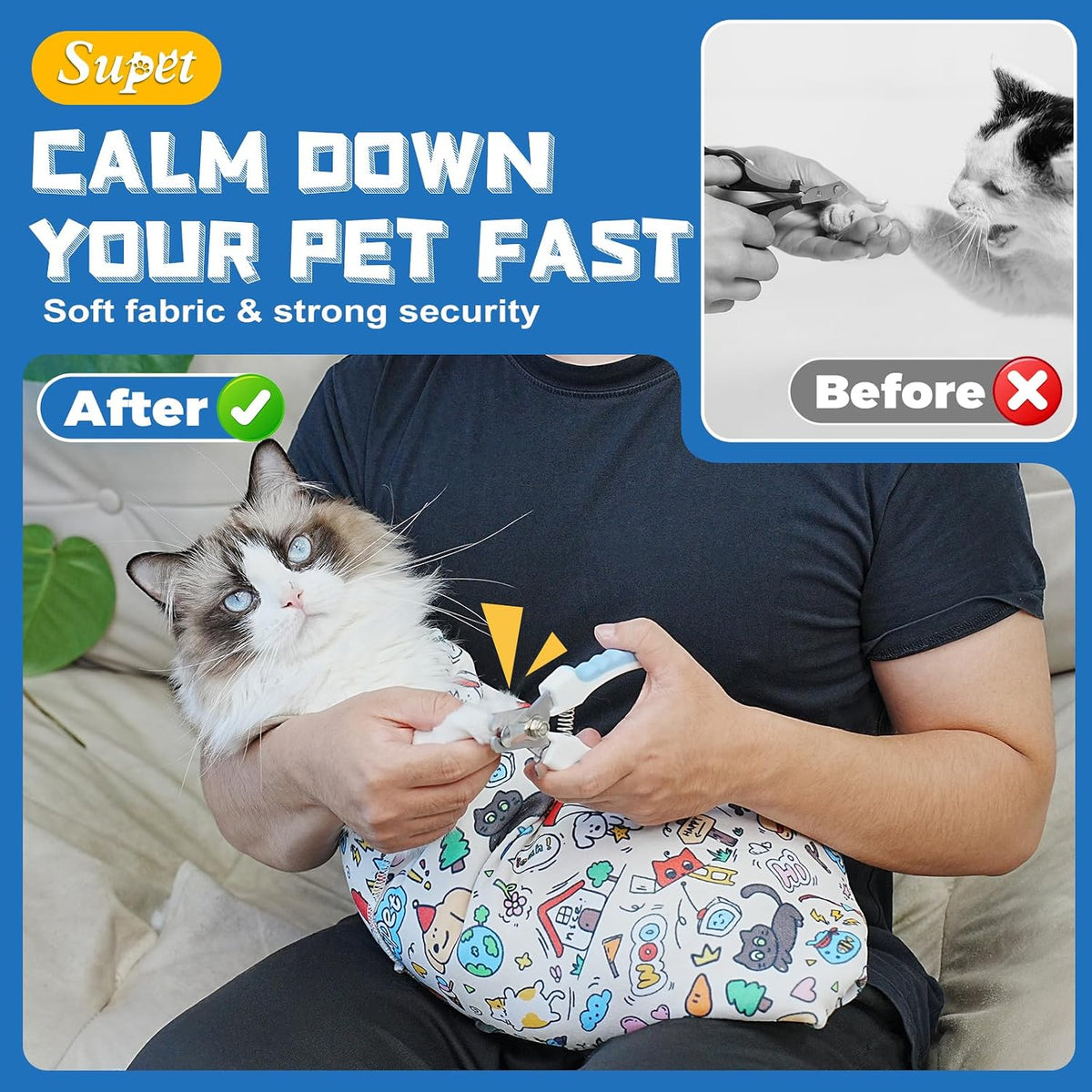 Supet Cat Grooming Wrap for Nail Trimming, Self-Adherent Calm Cat Swaddle