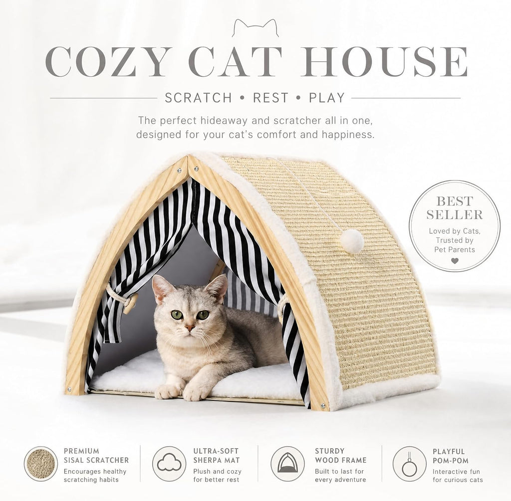 Cat House, Cat Beds for Indoor Cats, Cat Scratchers with Sisal Scratching Board, Cat Scratcher Bed with Fluffy Ball Hanging, Cat Condo 20x16x16 inches
