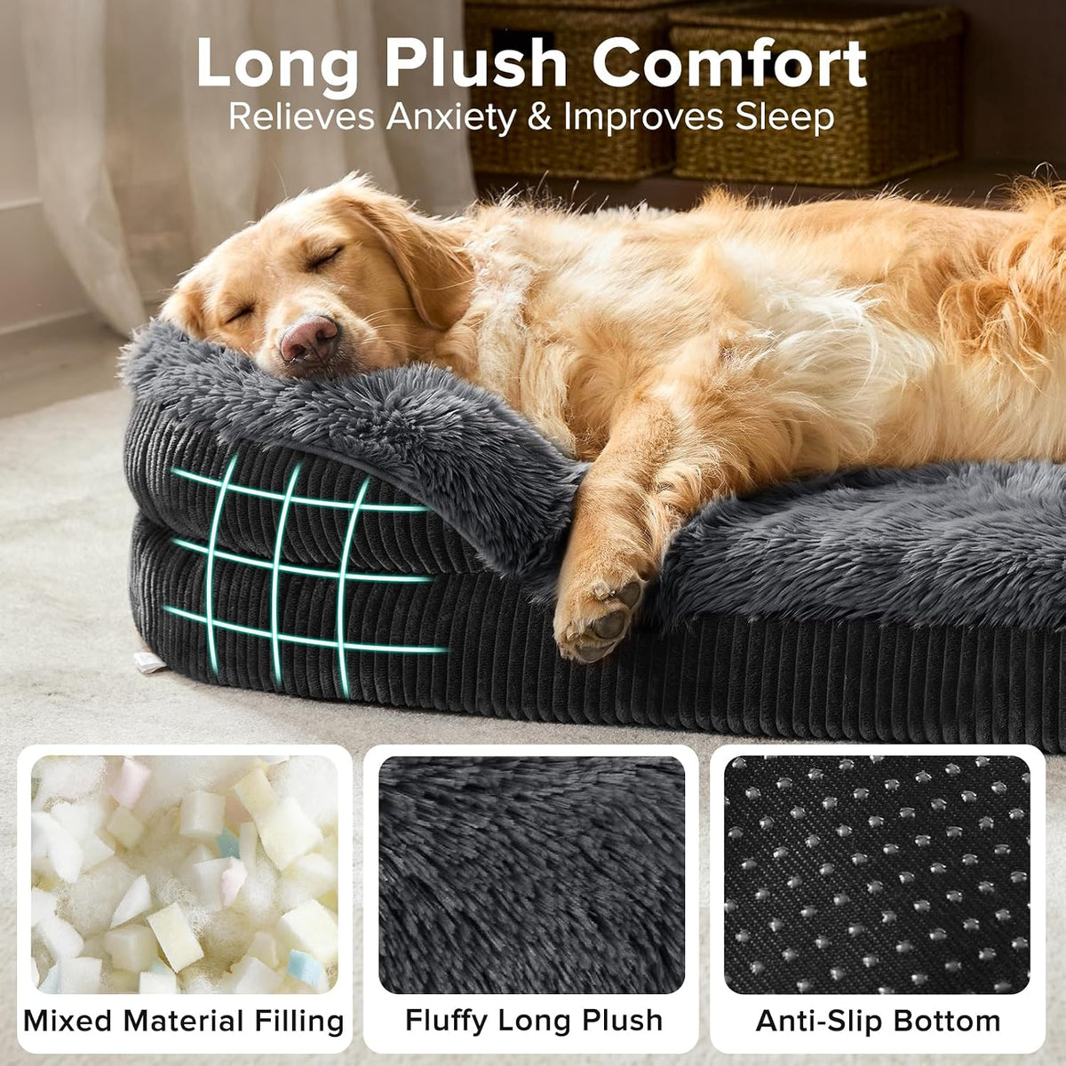INVENHO Fluffy Orthopedic Dog Beds Large Sized Dog, Jumbo Egg-Crate Foam Bolster Sofa Bed with Washable Removable Waterproof Cover, Fluffy Plush Faux Fur Dog Bed with Non-Skid Bottom