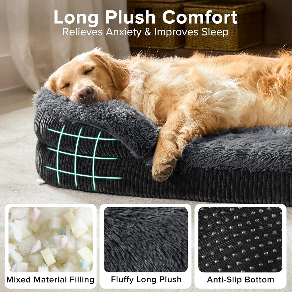 INVENHO Fluffy Orthopedic Dog Bed for Extra Large Dogs, XXL Egg-Crate Foam Bolster Sofa Bed with Washable Removable Waterproof Cover, Fluffy Plush Faux Fur Dog Bed with Nonskid Bottom
