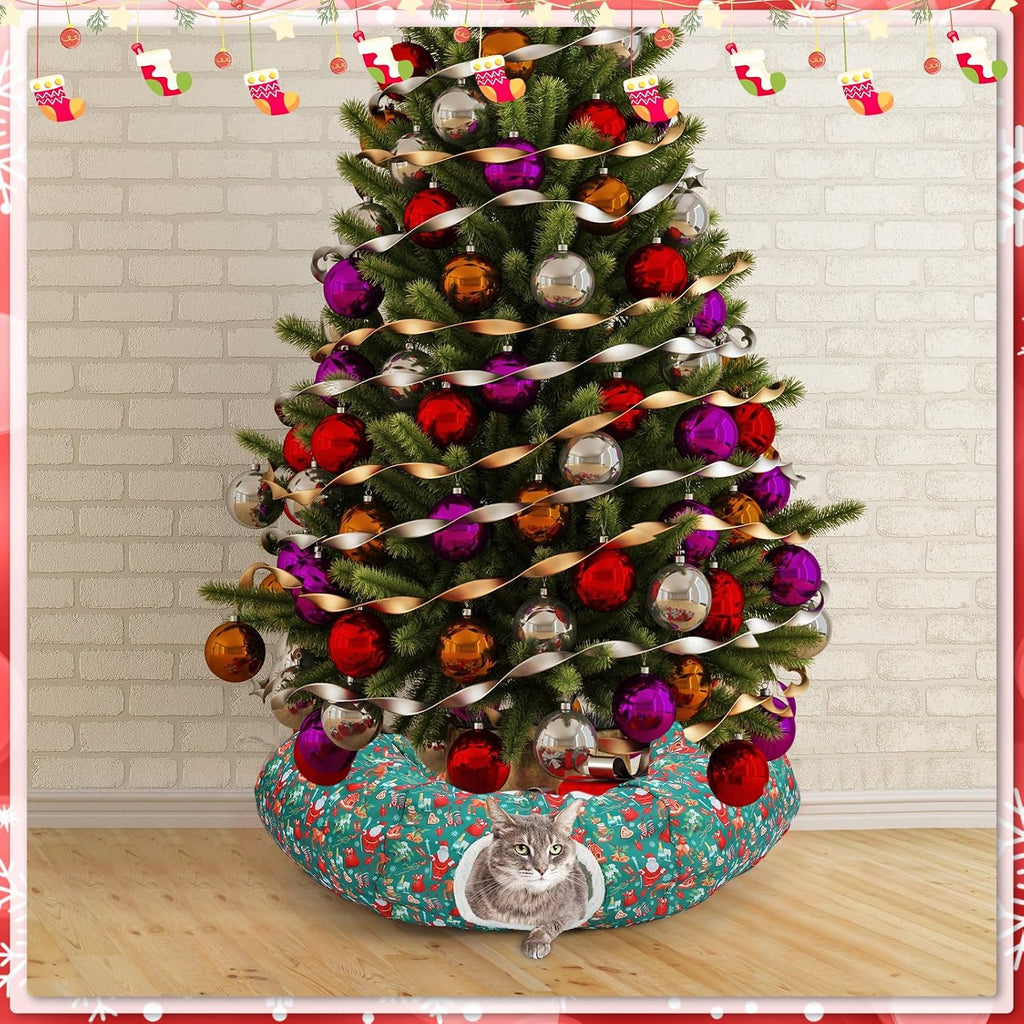 Christmas Cat Tunnel Bed Under Tree Plush Cave Toy, Santa