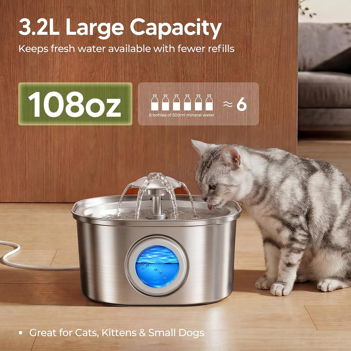 PEKTACO Cat Water Fountain, 3.2L Stainless Steel Pet Fountain, 3 Filters