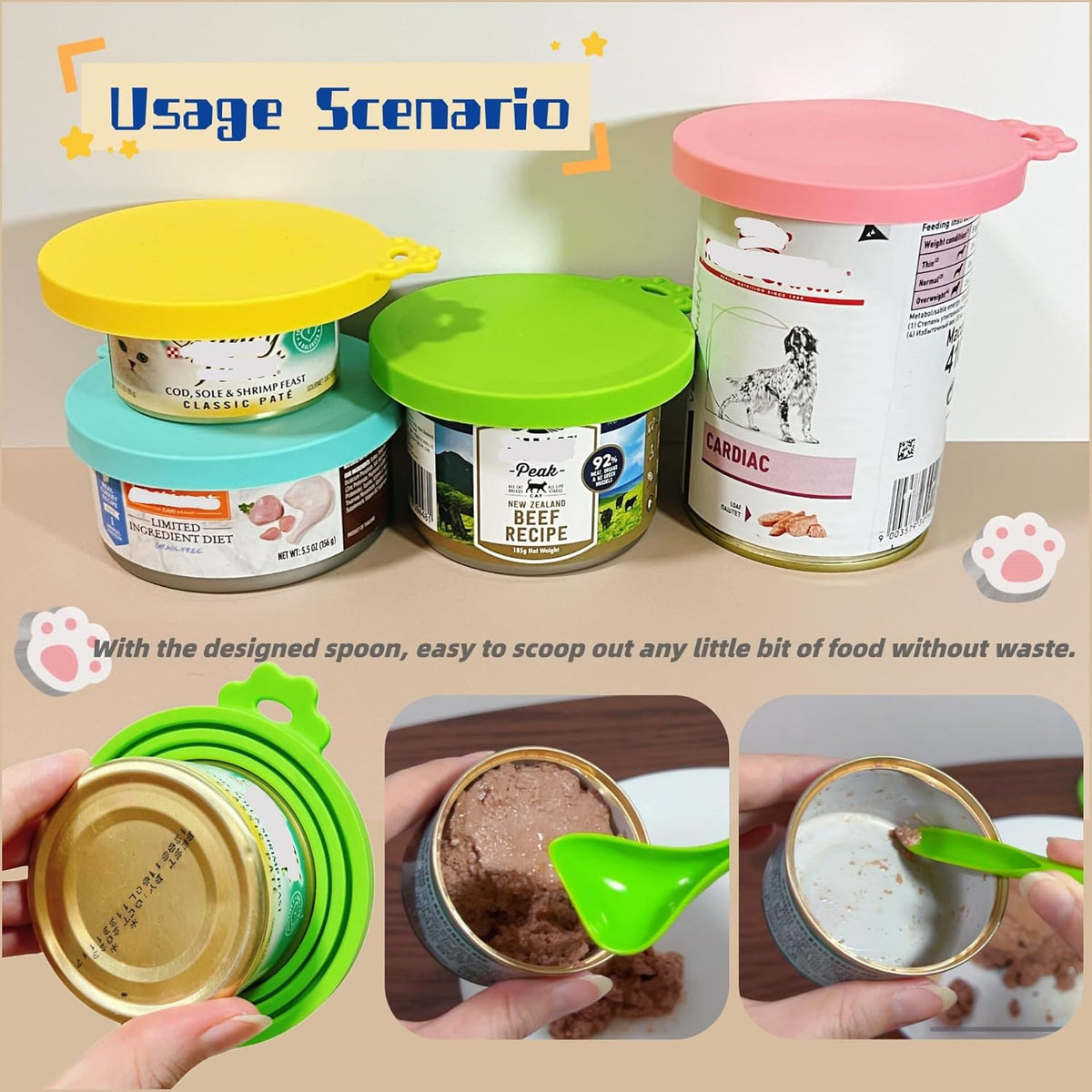 Food Grade Silicone Pet Can Covers, Universal 3-in-1, 2 Lids+Spoon