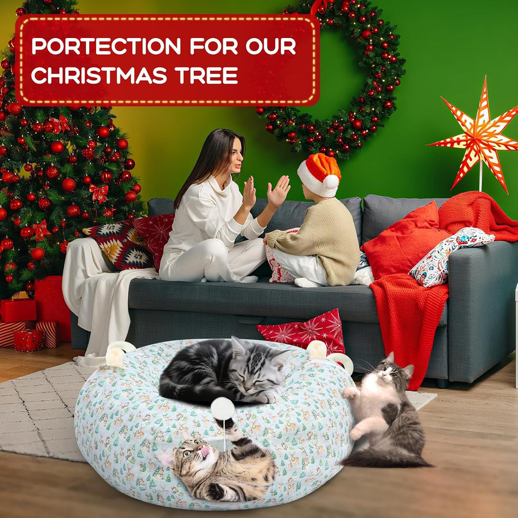 Hollowfly Woodland Christmas Cat Bed Tunnel 3ft x 3ft x 9.8in Winter Forest Under Tree Cat Donut Tunnels Snowman Reindeer Plush Peekaboo Cave Toy Collapsible 3 Way Xmas Gifts for Small Kitty