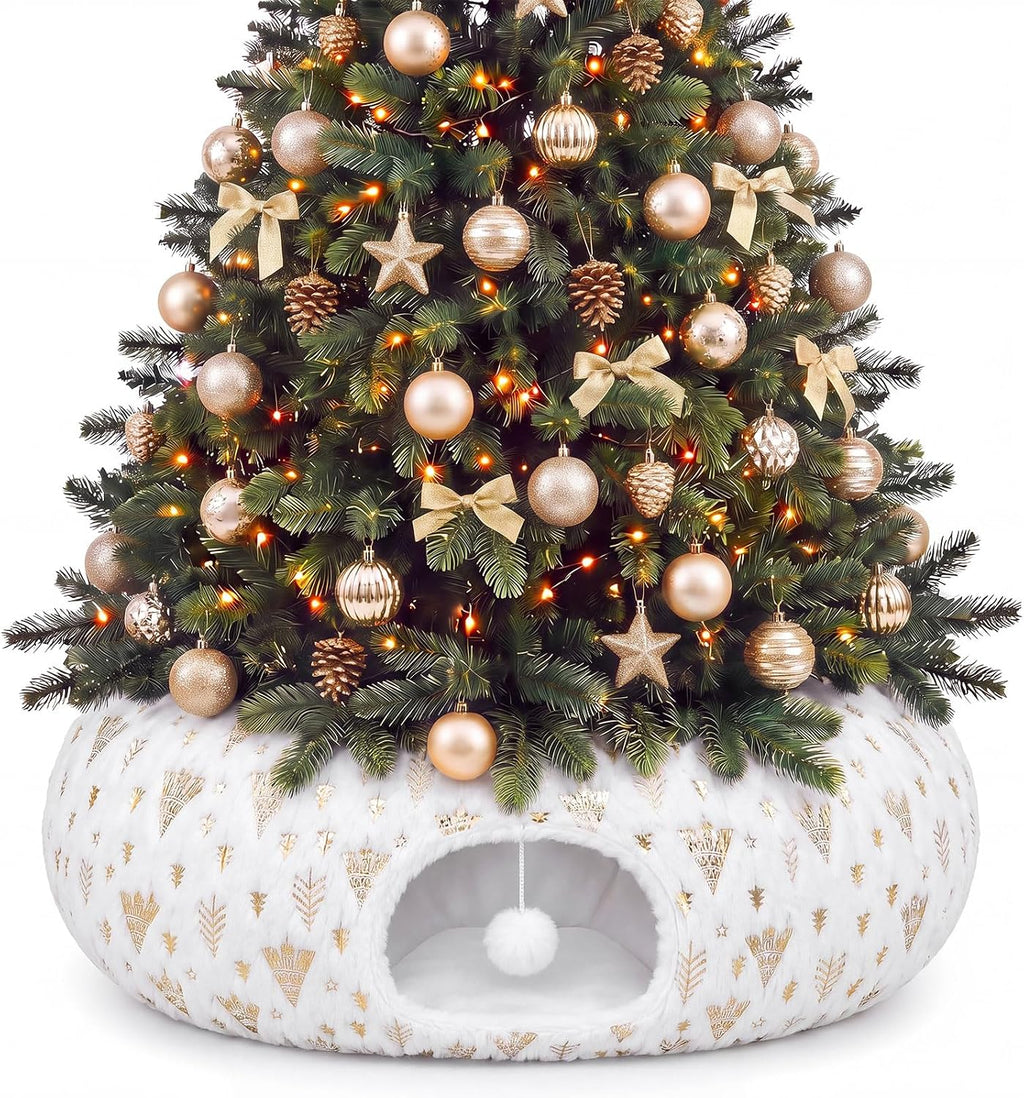 Christmas Tree Cat Tunnel 36 in Donut Bed, White, Polyester, Gold Foiling