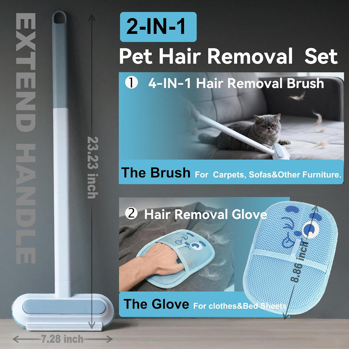 Pet Hair Remover Set, Magic Brush 4-in-1 Extended Handle & Electrostatic Glove for Cat Dog, Carpet Furniture Car Seats