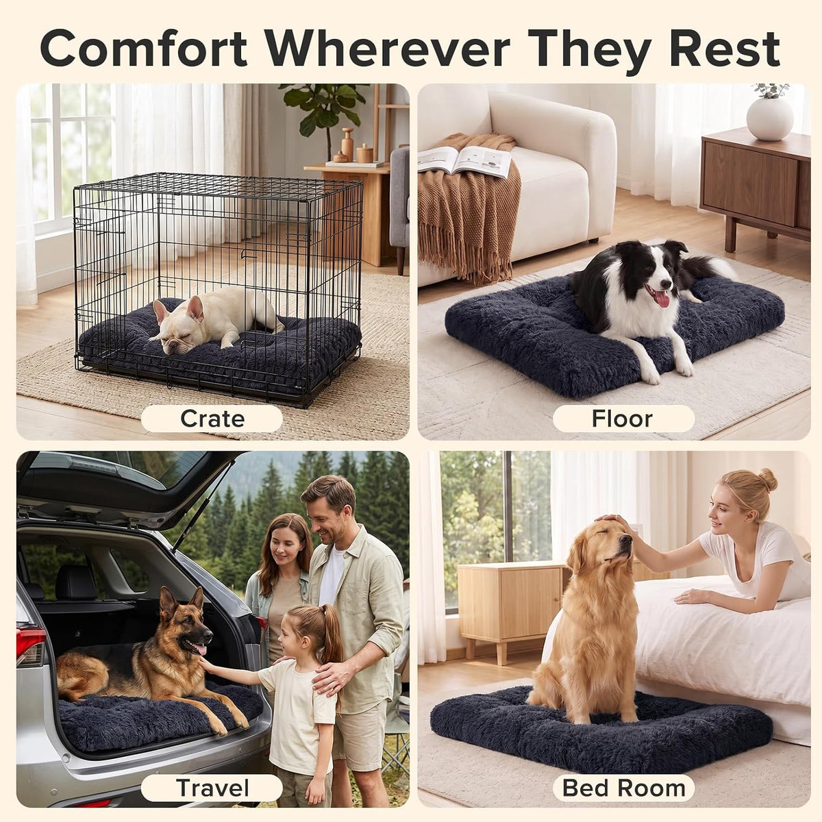 JOEJOY Large Dog Bed Crate Pad, Deluxe Plush Washable Dog Beds Fulffy Soft Kennel Pad Anti-Slip Pet Sleeping Mat for Extra Large Medium Small Dogs, 40" x 27", Dark Grey