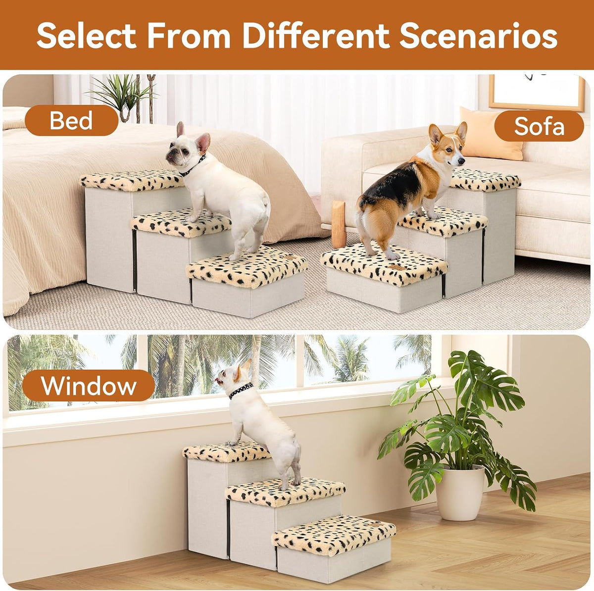 Zerbuger Dog Stairs with Storage, Beige Leopard 3 Steps Dog Ramp no Condo