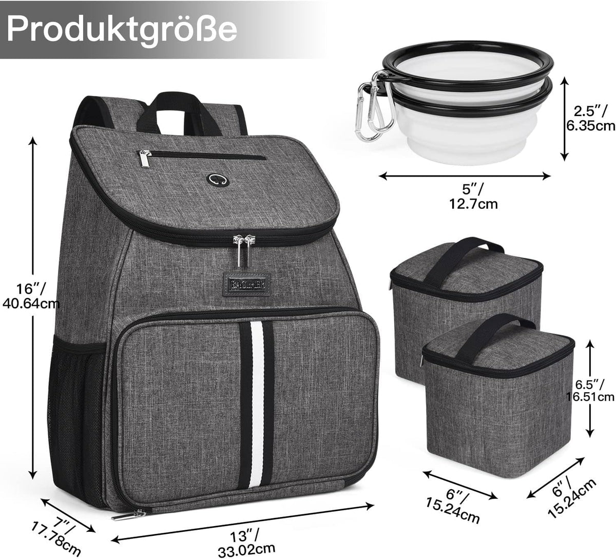 BAGLHER丨Dog Travel Bag, Airline Approved Pet Supplies Backpack, Dog Travel Backpack Accessories Set with 2 Silicone Collapsible Bowls and 2 Food Baskets, Gray