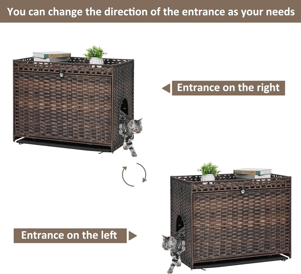 Cat Litter Box Enclosure with Door, Hidden Cat Washroom Furniture | Handwoven PP Wicker; Soft Litter Mat Included; Spacious Interior; Furniture-Style Design; Indoor Home Décor