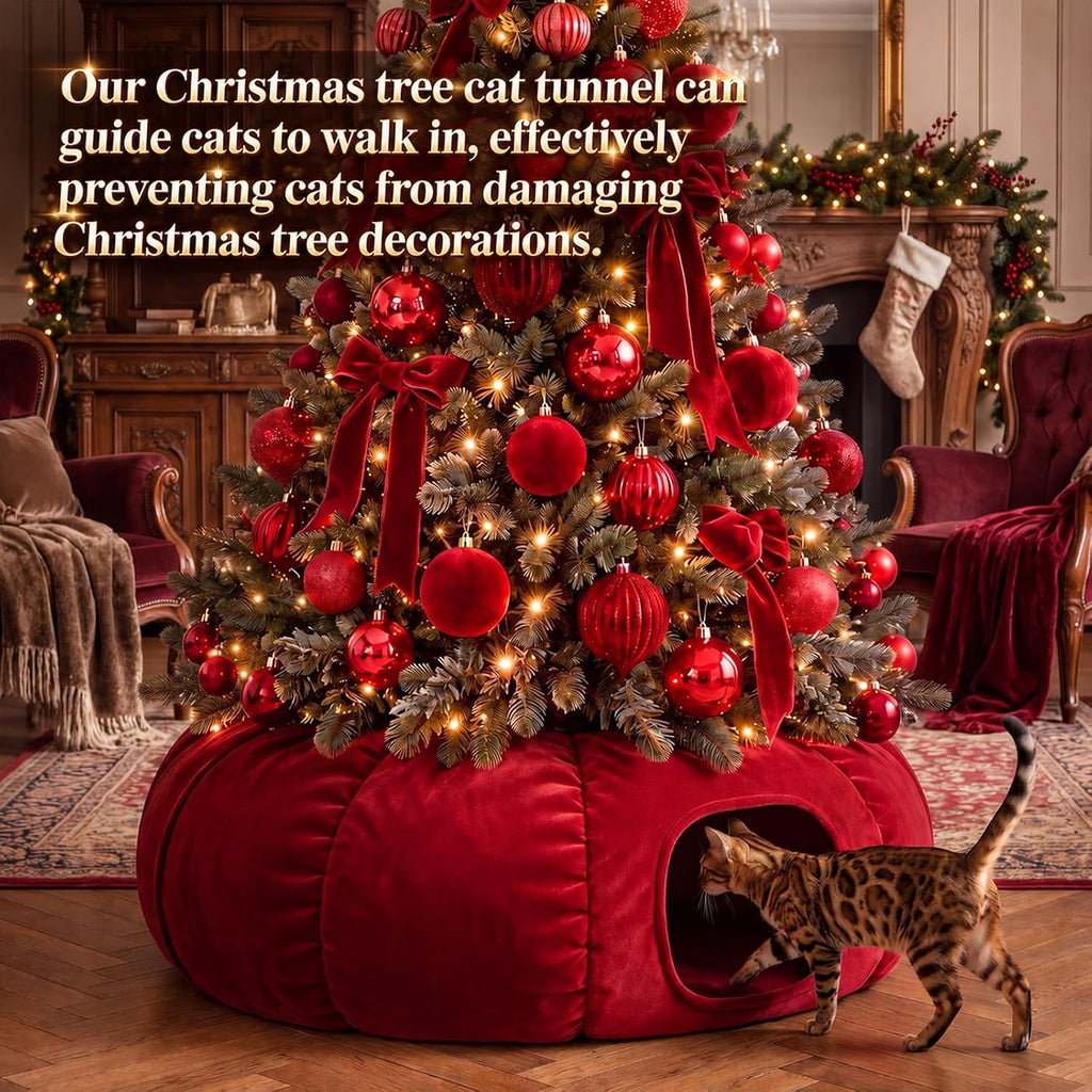 Christmas Tree Cat Tunnel 36 in Donut Bed, Red, Velvet, Fluffy