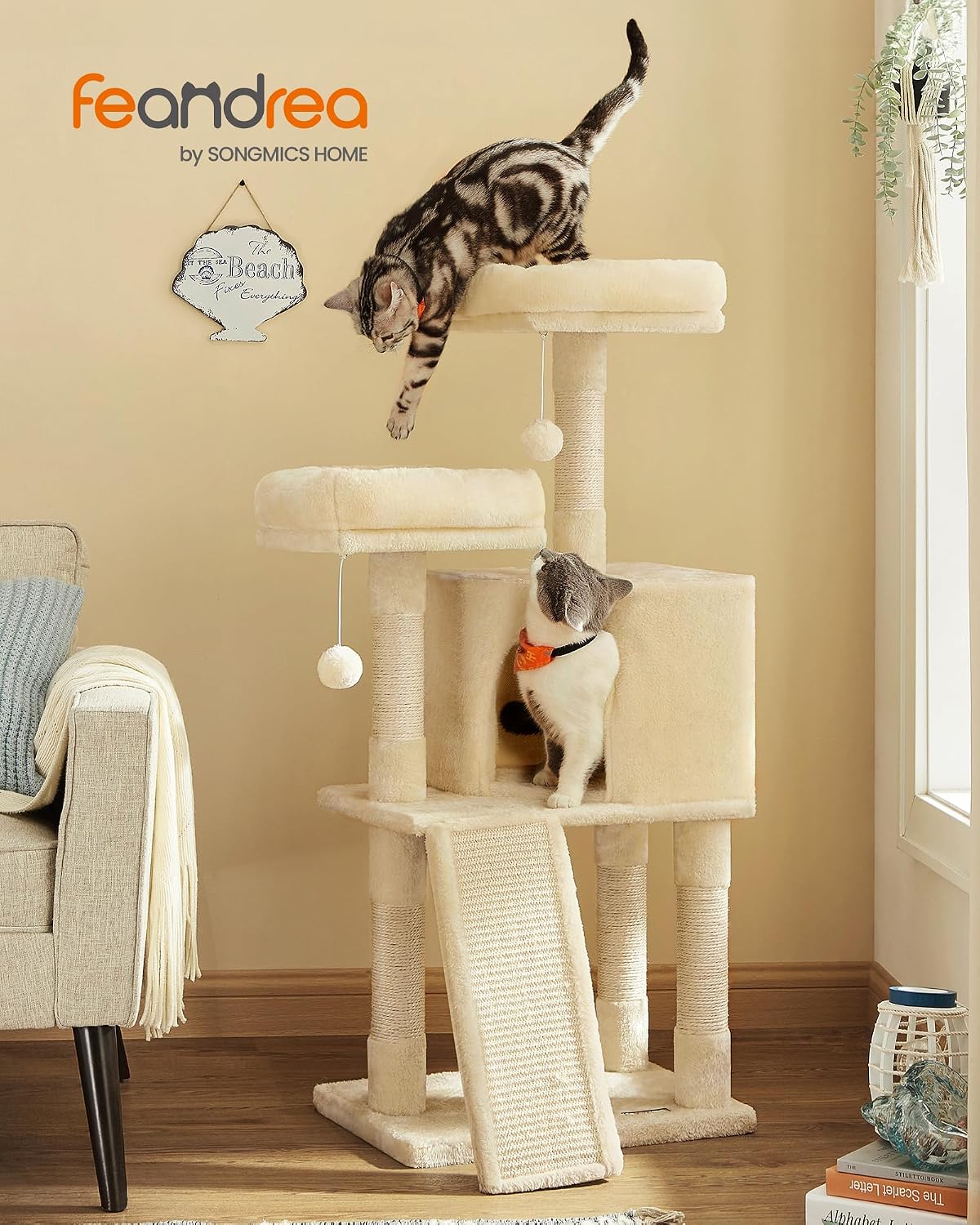 Feandrea Cat Tree, 45.3-Inch Cute Cat Tower, Plush Climbing Condo, Beige