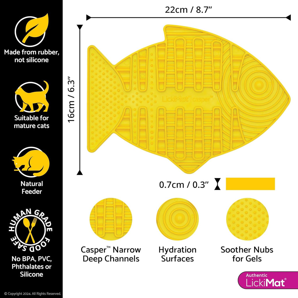 LickiMat Casper, Fish-Shaped Cat Slow Feeders Lick Mat, Boredom Anxiety Reducer; Perfect for Food, Treats, Yogurt, or Peanut Butter. Fun Alternative to a Slow Feed Cat Bowl or Dish, Yellow