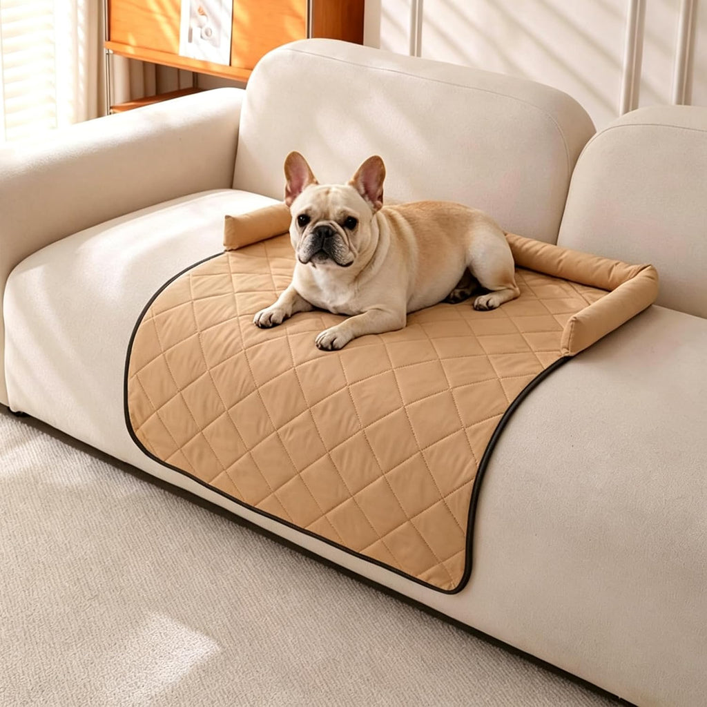 Dog Couch Bed with Head Support, Waterproof Sofa Cover, Khaki, M