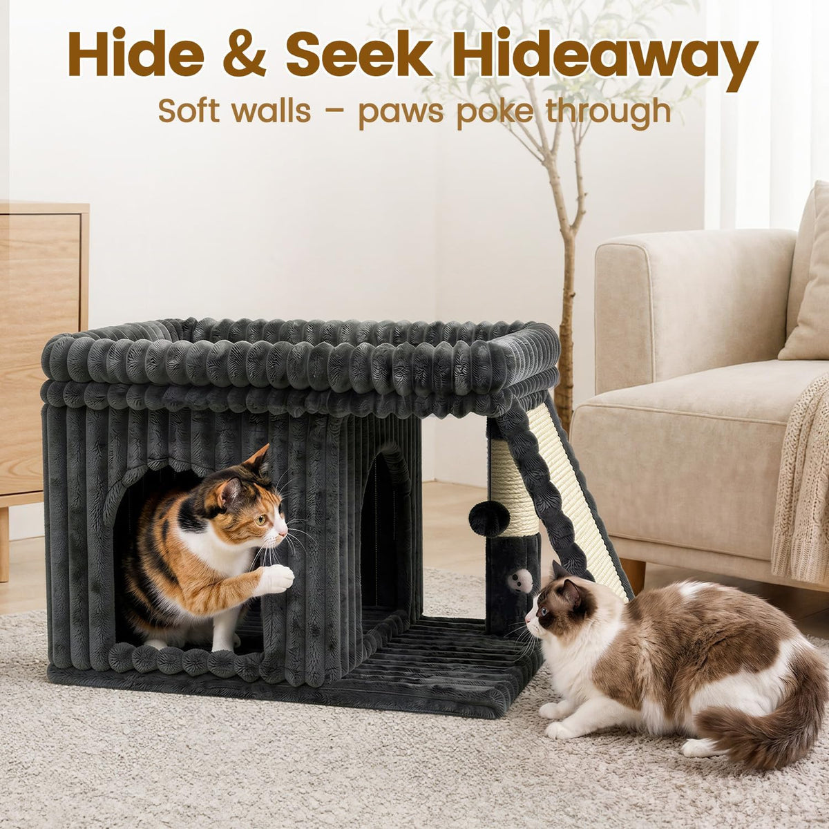 Cat Tree Tower with Scratching Post for Large Kitty, Gray Ribbed