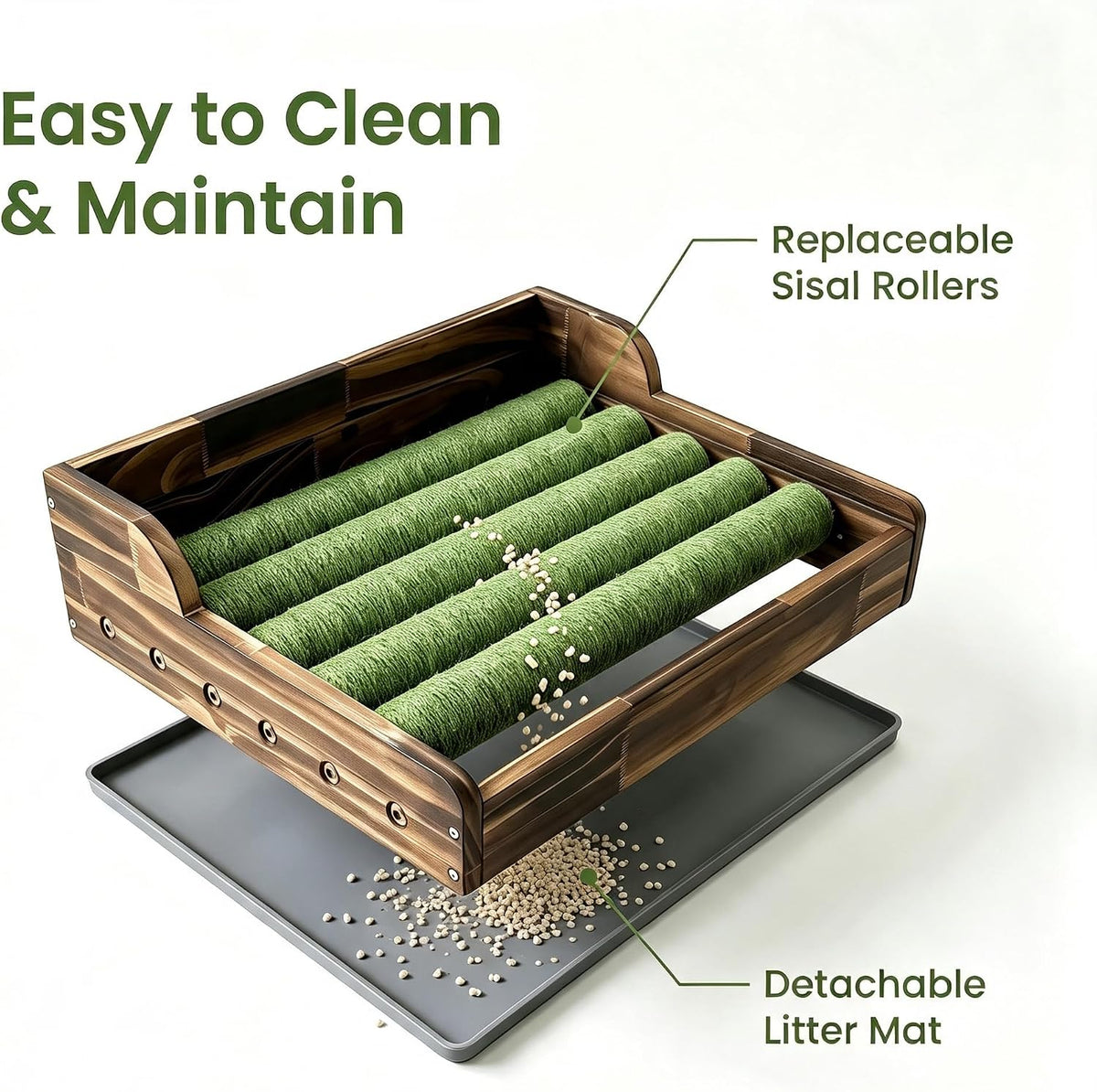 Cat Litter Box Step with Sisal Scratching Post Litter Catcher Mat (Natural) | Multi-Purpose Wood Anti-Tracking Cat Scratcher Bed Litter Box Ramp, Fits Standard Cat Litter Boxes