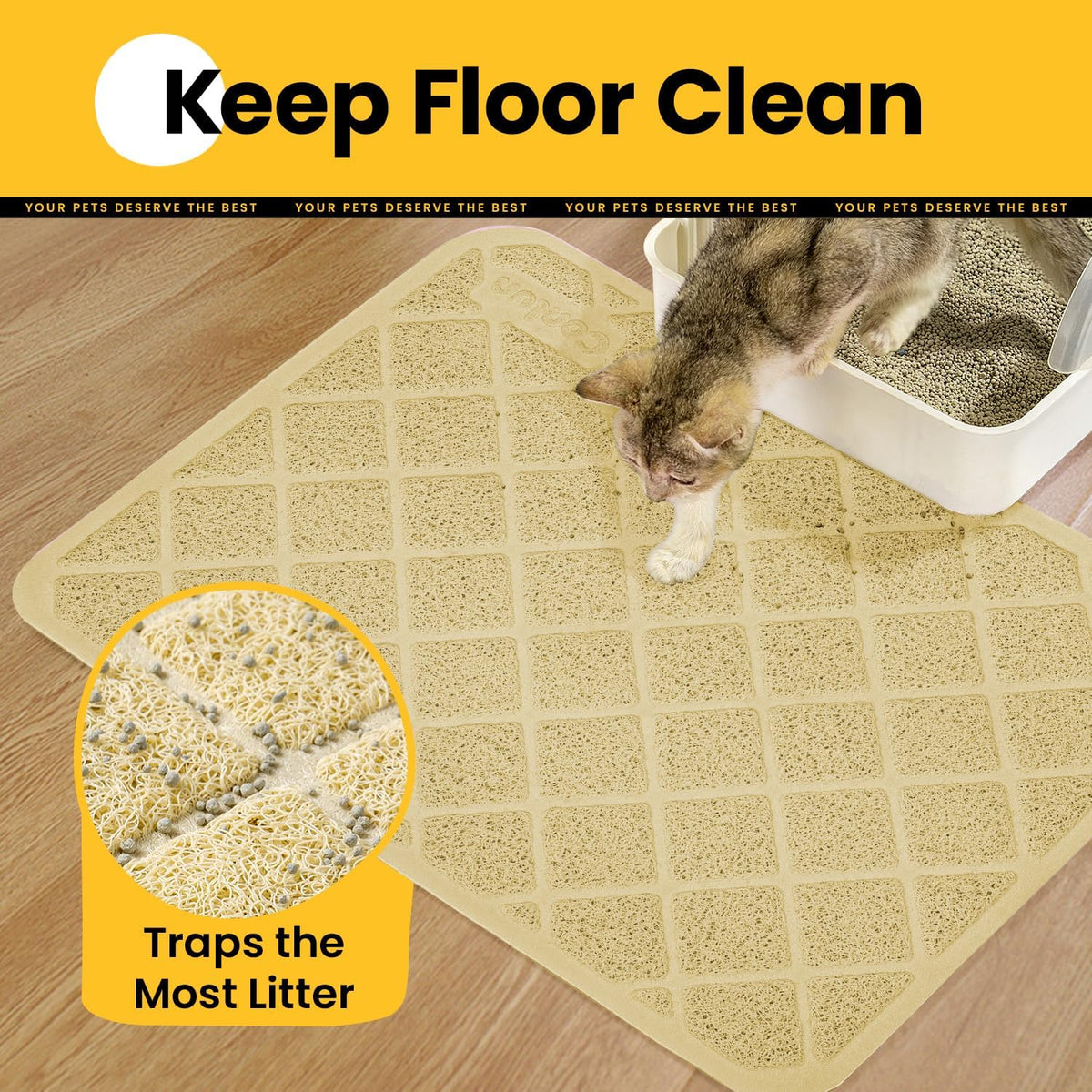 Conlun Cat Litter Mat Litter Trapping Mat, Premium Durable PVC Grid Mesh with Scatter Control, Non-Slip, Less Waste Cat Litter Box Mat, Soft on Kitty’s Paws, Urine Waterproof, 24" x 17" Beige