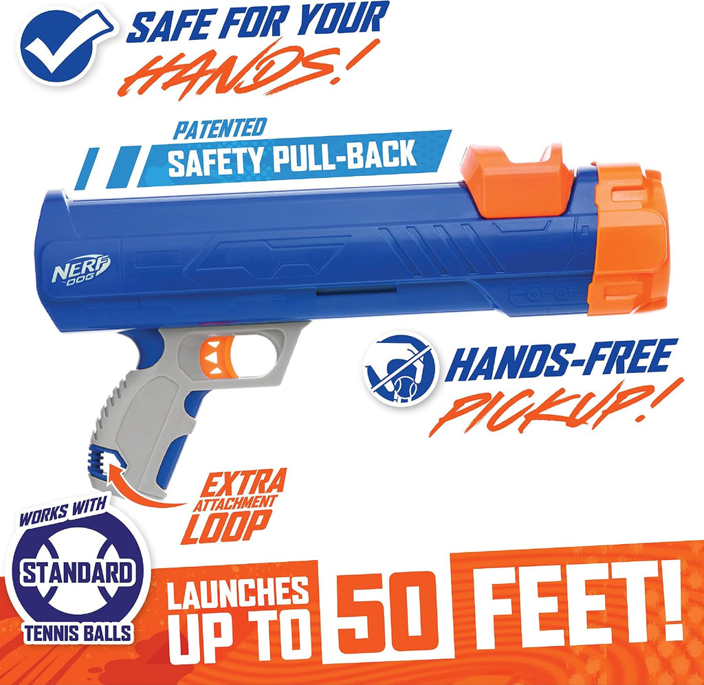 Nerf Dog Compact Tennis Ball Blaster Dog Toy, Great for Fetch, Hands-Free Reload, Launches up to 50 ft, Single Unit, Includes 3 Nerf Balls & Bag, Blue/Orange, Model: 5205