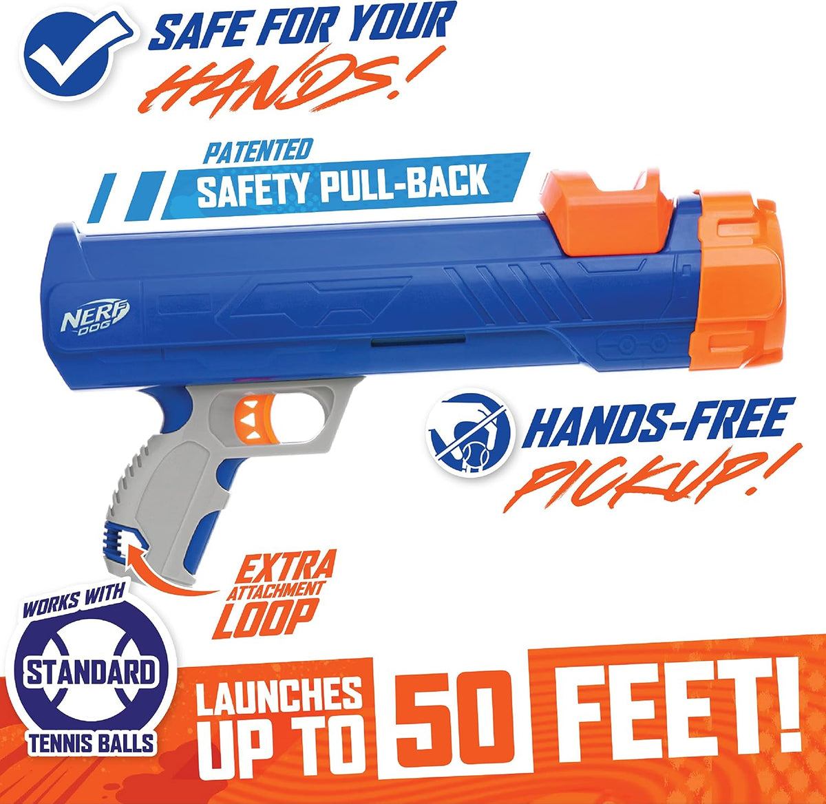 Nerf Dog Compact Tennis Ball Blaster Dog Toy, Great for Fetch, Hands-Free Reload, Launches up to 50 ft, Single Unit, Includes 3 Nerf Balls & Bag, Blue/Orange, Model: 5205