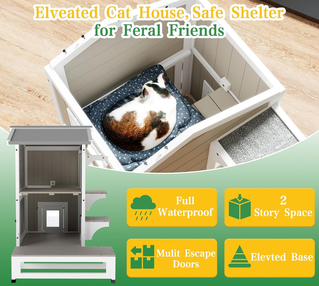 GoWoodHut Outdoor Cat House Weatherproof Cats Shelter for Feral Kitten Pet Houses for 1-2 Small Animlas 2 Story Wooden Houses for Indoor Outdoor Cats with Escape Doors (29.7" D x 22.8" W x 35.4" H)