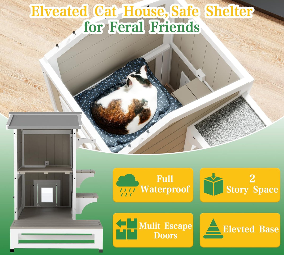 GoWoodHut Outdoor Cat House Weatherproof Cats Shelter for Feral Kitten Pet Houses for 1-2 Small Animlas 2 Story Wooden Houses for Indoor Outdoor Cats with Escape Doors (29.7" D x 22.8" W x 35.4" H)