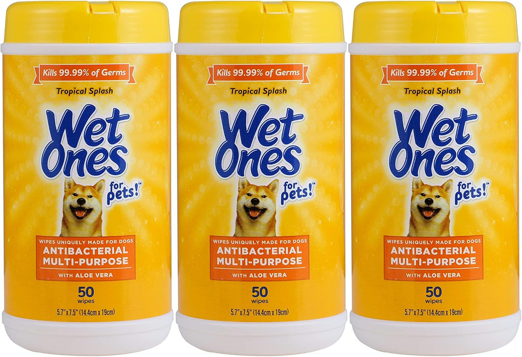 Wet Ones for Pets Antibacterial Dog Wipes, Tropical Splash, 50 Count, 3-Pk | Multi-purpose grooming wipes with aloe vera for paws, face, and body, easy cleanups between baths 