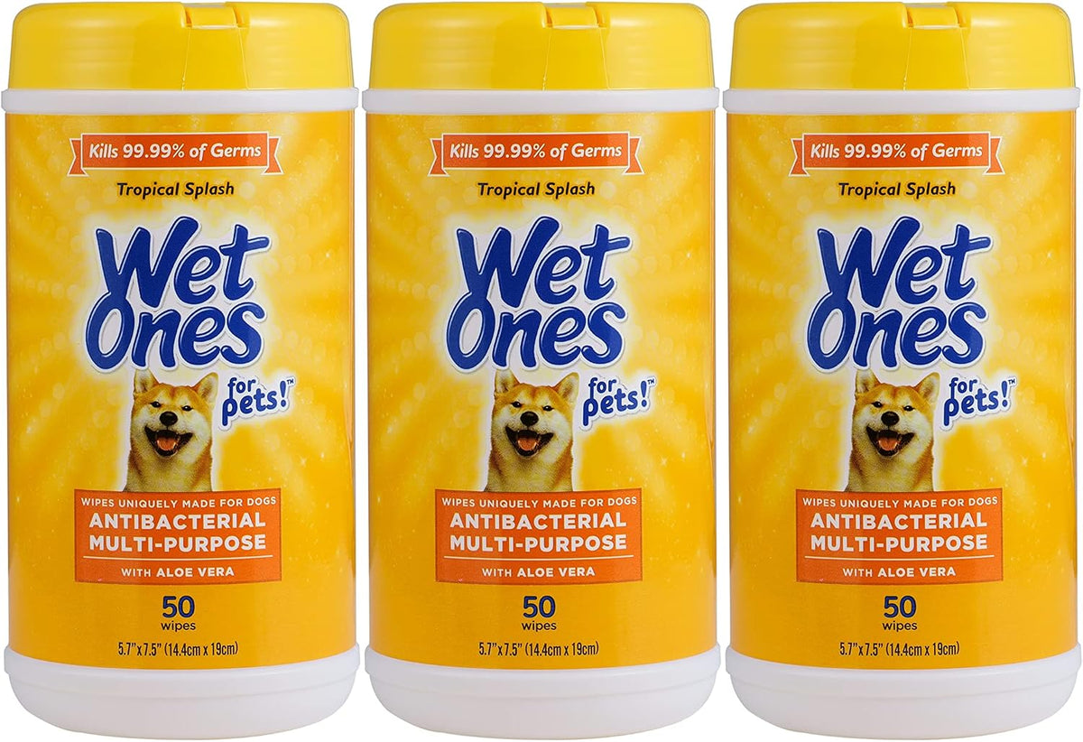 Wet Ones for Pets Antibacterial Dog Wipes, Tropical Splash, 50 Count, 3-Pk | Multi-purpose grooming wipes with aloe vera for paws, face, and body, easy cleanups between baths 