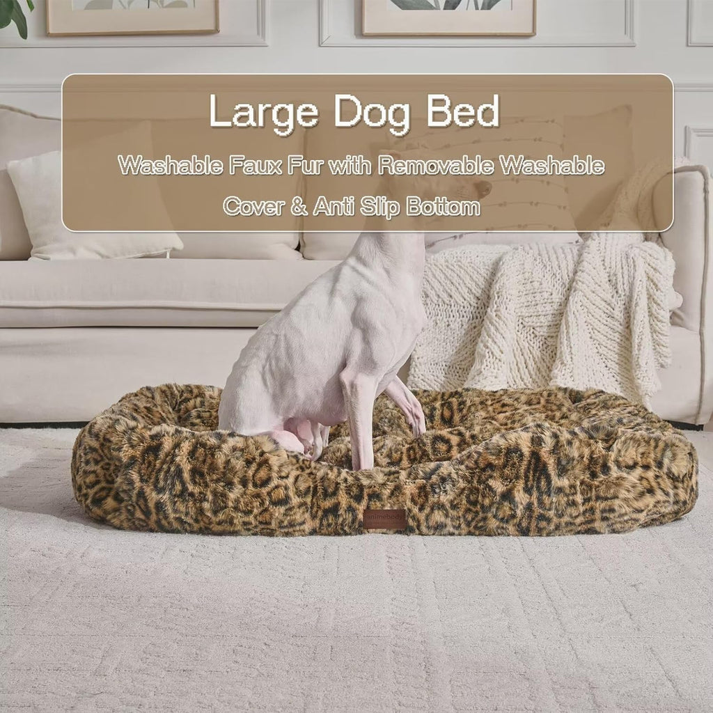 Washable Orthopedic Dog Bed,Rectangle Fleece & Luxury Pet Bed with Removable Zipper Cover & Anti-Slip Bottom,Suitable for Medium Large Dogs,40x30x7.5inches,Leopard Brown