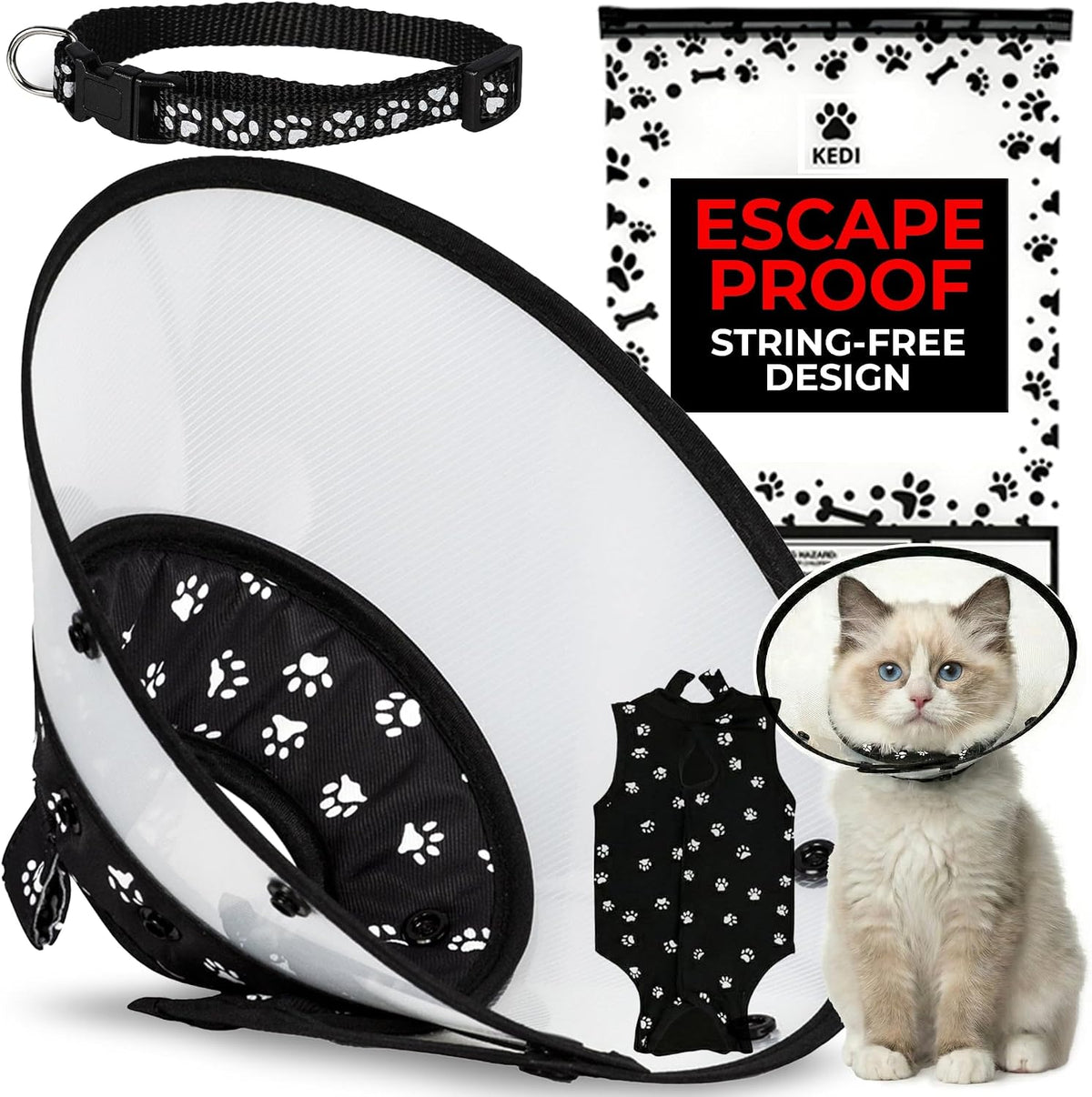Cat Recovery Cone and Vest Kit After Surgery, Stop Licking, Black Small