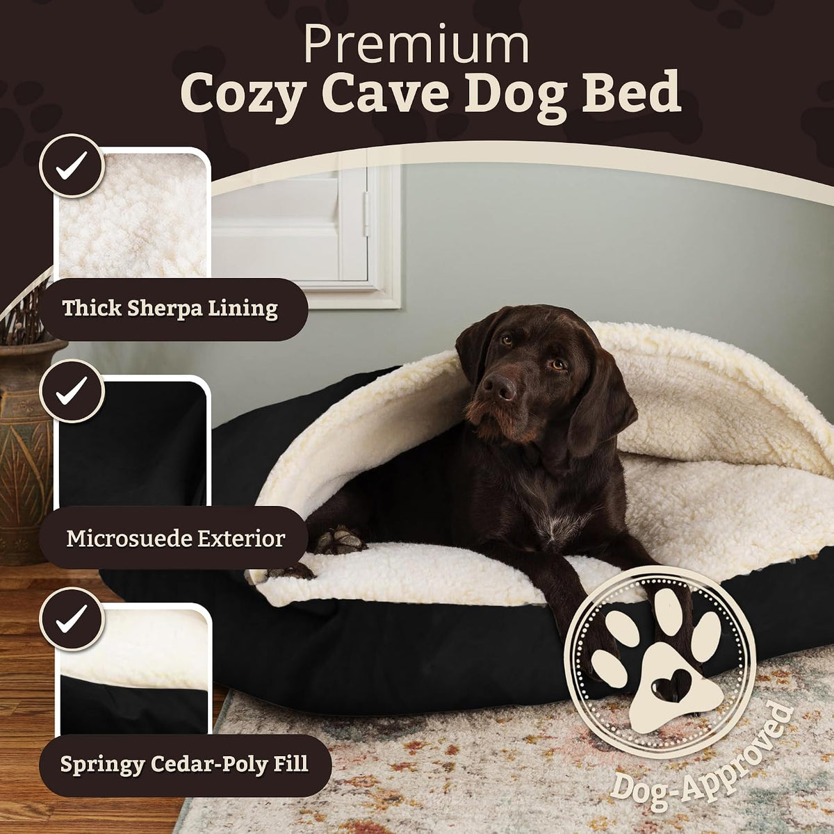 Snoozer Rectangle Cozy Cave Dog Bed, Hooded Dog Bed, Black (XL)