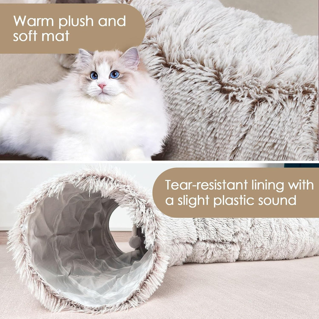 Peekaboo Cat Cave with Washable Mat, Collapsible Cat Play Tunnel for Kittens & Small Pets, Plush Cat Donut Bed Tunnel, Brown