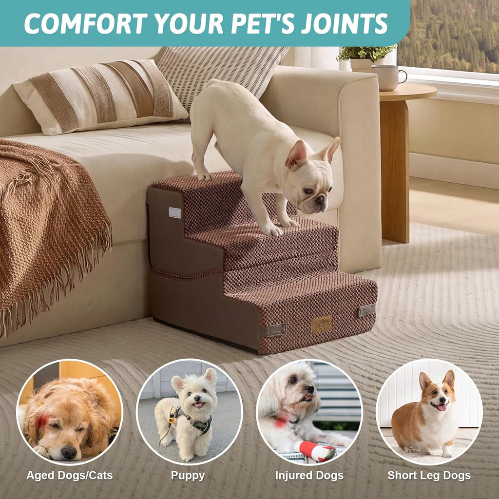 COZY KISS Dog Stairs for Small Dog, 14.2" H, 3 Step for Couch, Brown
