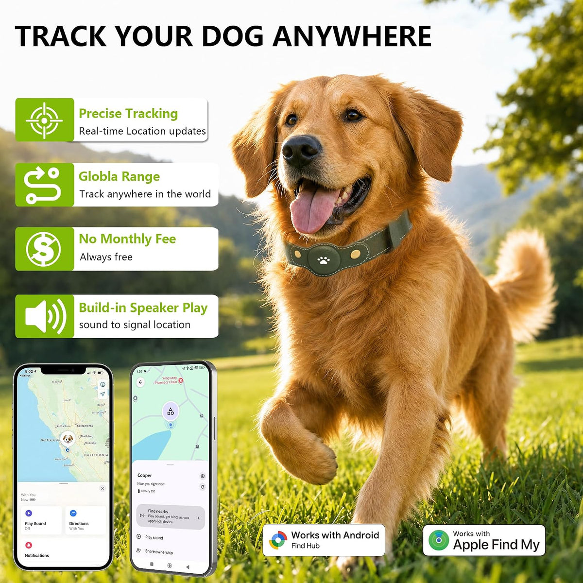 GPS Tracker for Dogs – Smart Dog Collar & Pet Tracker with Real-Time Location, No Monthly Fee, Unlimited Range (iOS & Android) – Fits Small to Large Dogs(Locator Included)
