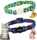 LIONET PAWS 2 Pack Breakaway Summer Cat Collars, Cute Soft Cotton Yellow Duck & Purple Dinosaur Kitten Collars with Bell for Boy Girl Cats
