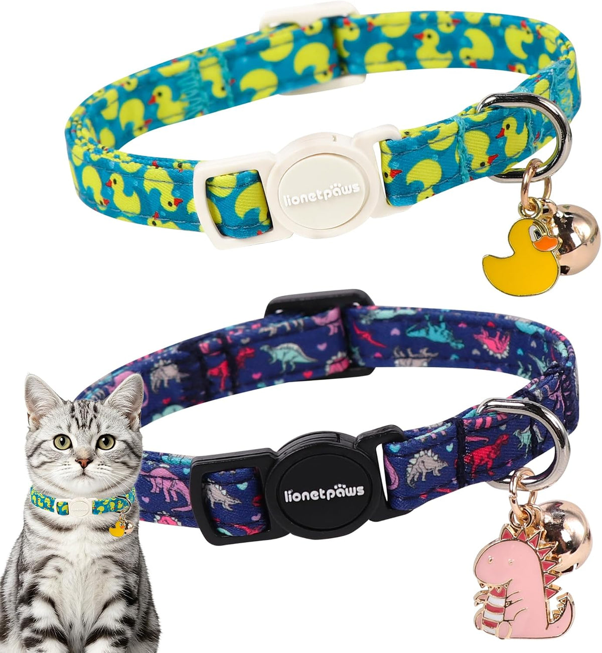 LIONET PAWS 2 Pack Breakaway Summer Cat Collars, Cute Soft Cotton Yellow Duck & Purple Dinosaur Kitten Collars with Bell for Boy Girl Cats