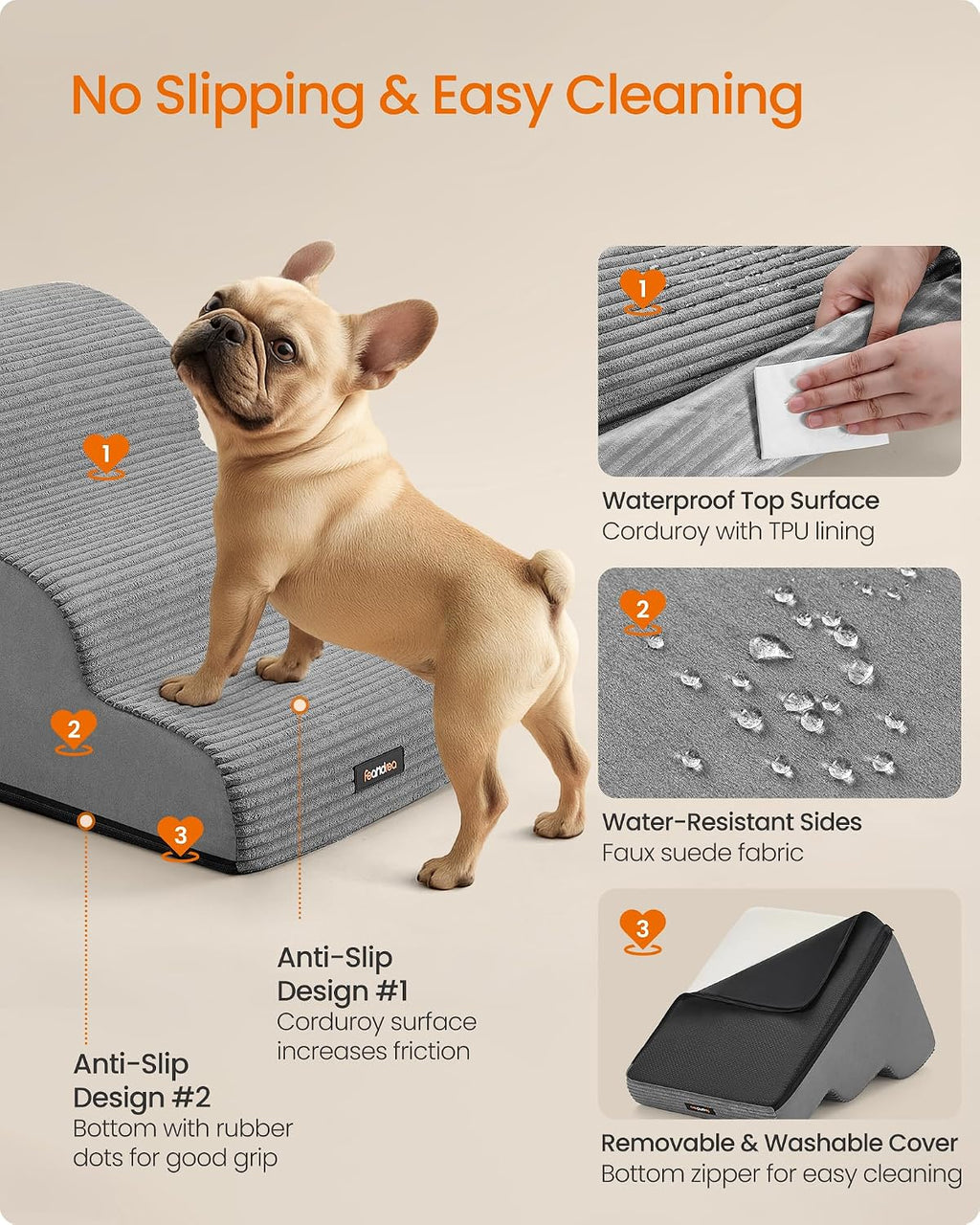 Feandrea 3-Step Dog Stairs, Waterproof, Anti-Slip, Gentle Slope