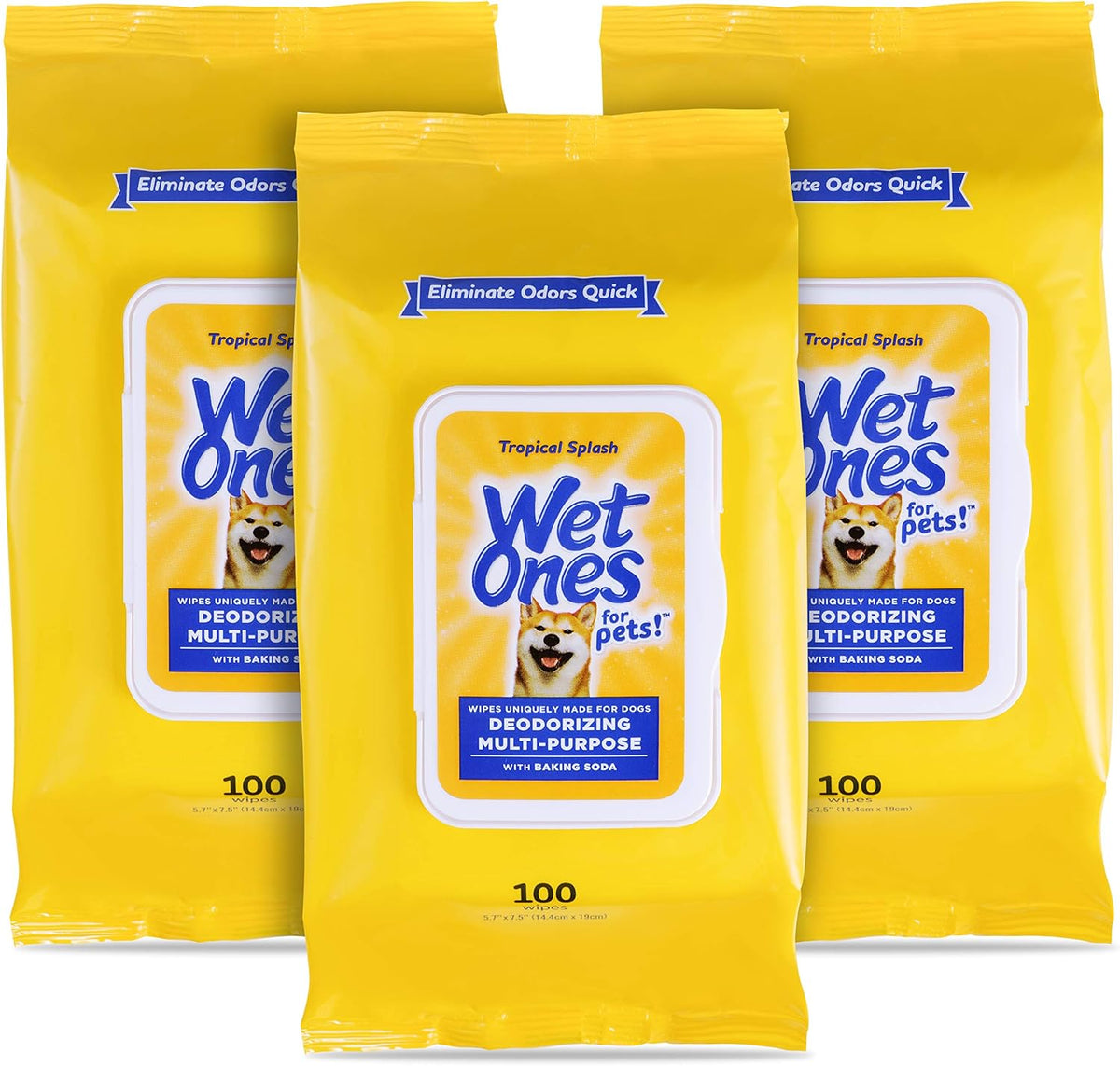 Wet Ones for Pets Deodorizing Dog Wipes, Tropical Splash, 100 Count, 3-Pk | Baking soda formula, moisture-lock seal keeps cloths fresh, suitable for daily grooming between baths 