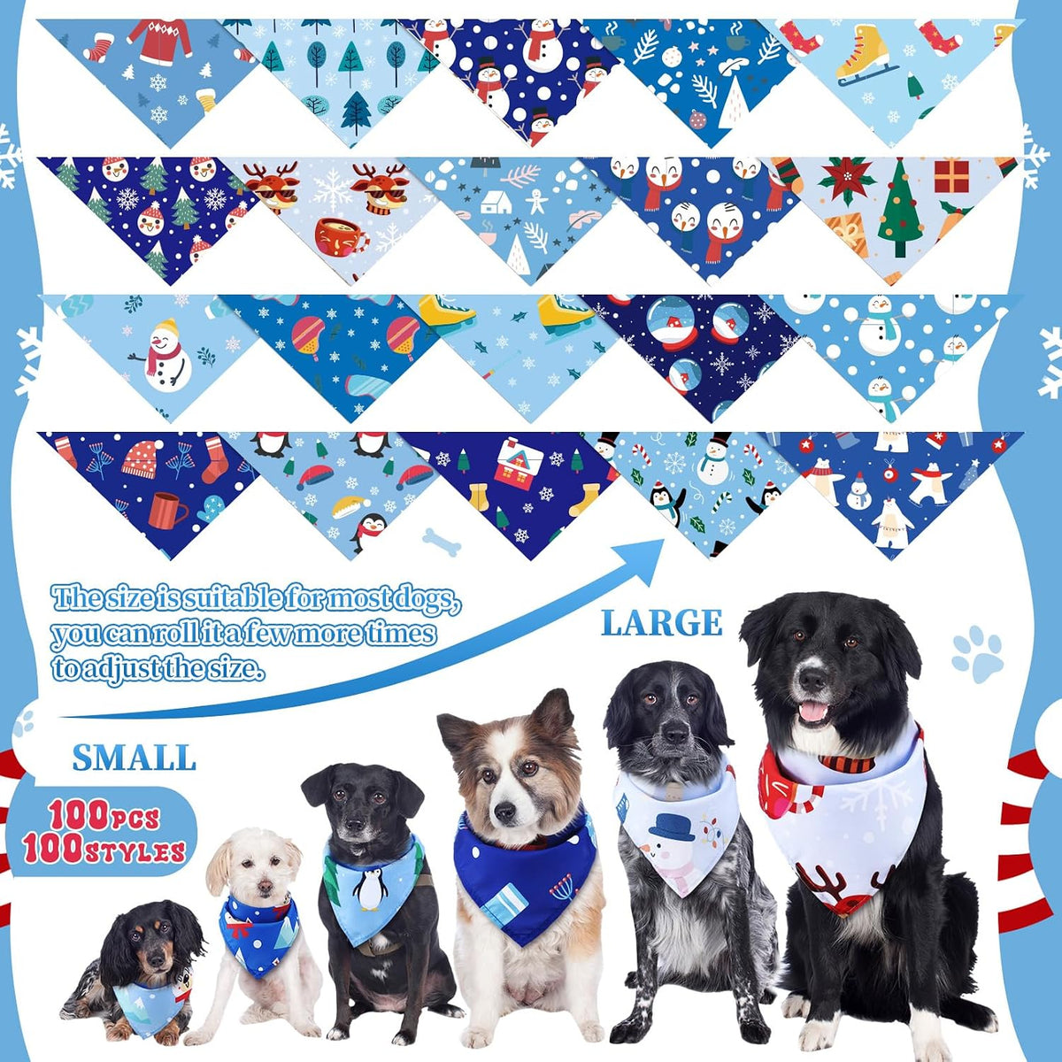 Huhumy 100 Pcs Winter Dog Bandanas Bulk Snowflake Bandanas for Dogs