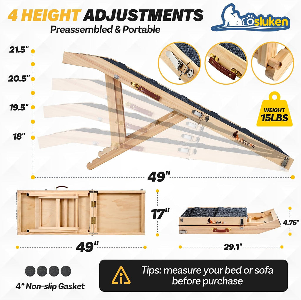 Dog Ramp for Couch, 49" Long Foldable Pet Ramp for Small Large Dogs, Dog Ramps for Bed, High Traction with Platform 6 Adjustable Heights 18" to 21.5" Up to 220LBS, Wood