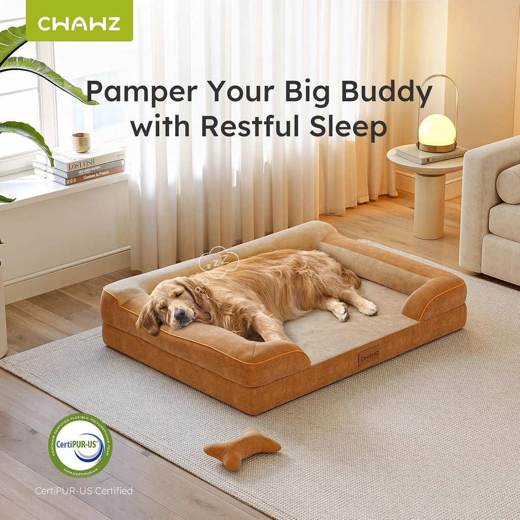 CWAWZ XXL Dog Bed - Giant Orthopedic, Cooling Gel Memory Foam, Waterproof with Removable Cover, 53" Sofa Bed, Dutch Velvet with Bone Toy, Brown