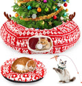 Cat Tunnel Bed Under Christmas Tree 35.4" Festive Circle Cat Tunnel with Feather Toys Adjustable Bibs Foldable Holiday Decorative Pet Cave for Indoor Cats Small Animals Fits Under Tree Skirt