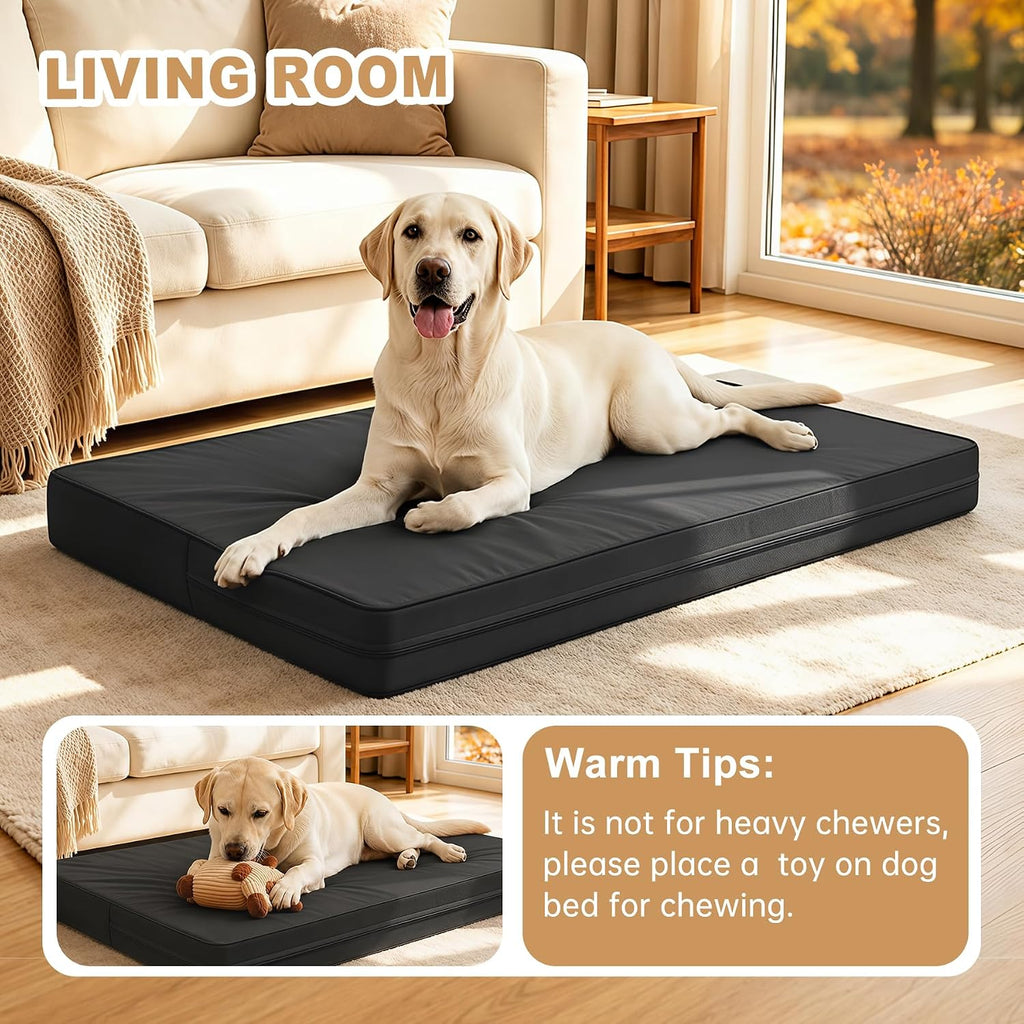 XXL Dog Bed Waterproof Washable, Wipeable Leather Large Crate Pad 48" Black