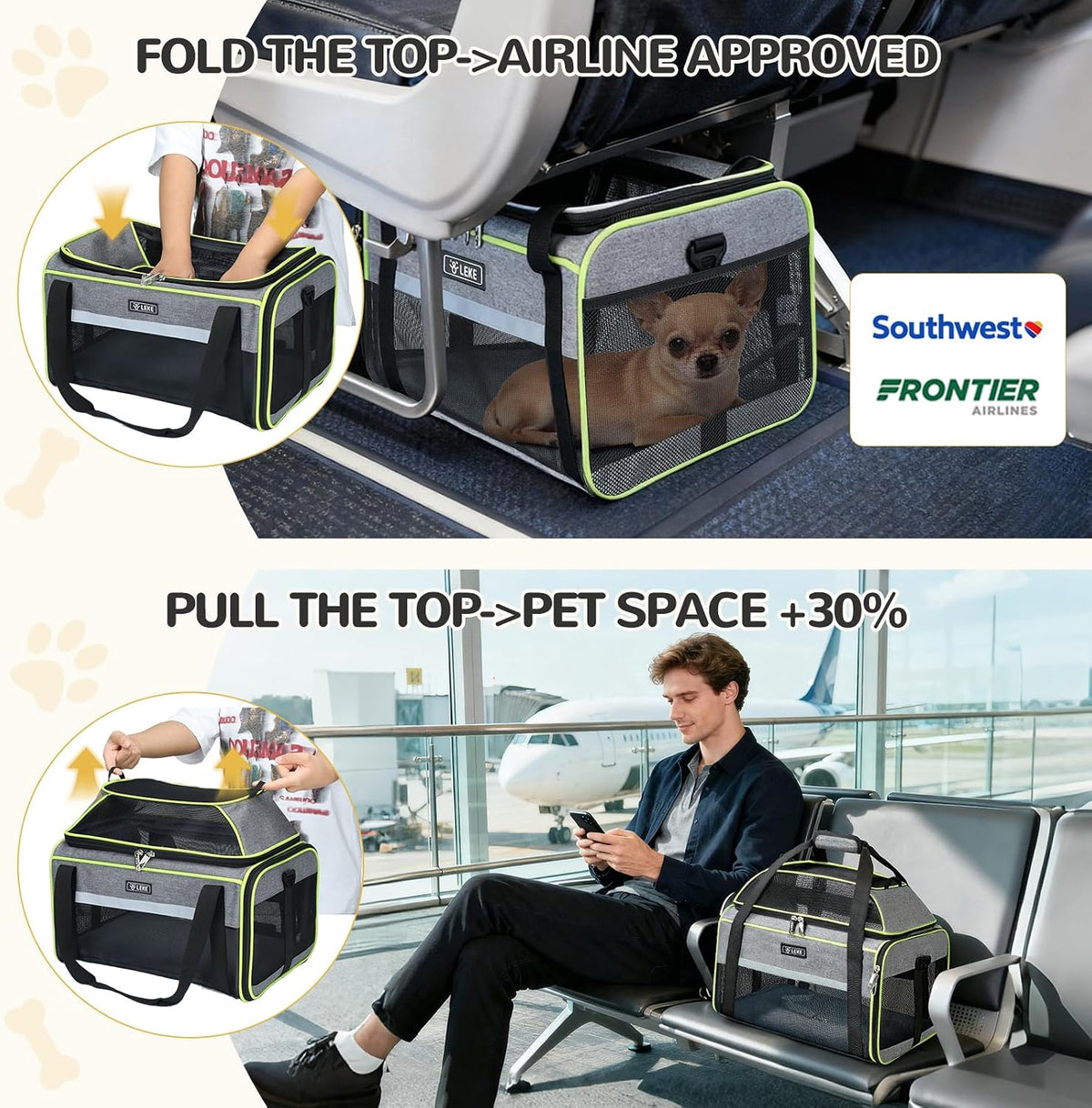 Lekereise Top-Expandable Pet Carrier 18x13x9.5 Inch Southwest Frontier Airline Approved Soft Sided Underseat to 15lbs Travel Carriers for Small Cats Dogs with Locking Safety Zippers Anti-Scratch Mesh
