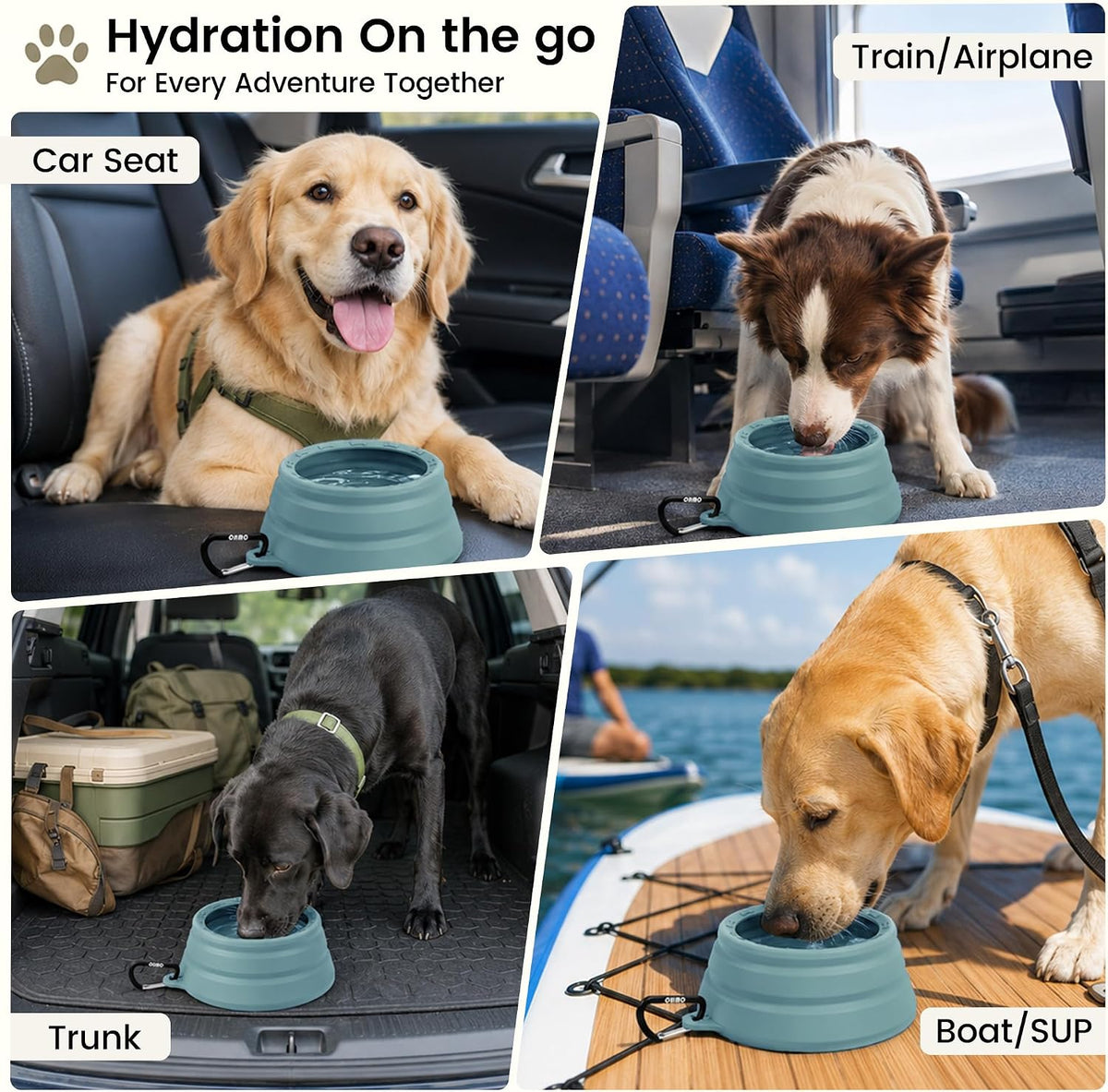 OHMO Spill Proof Collapsible Dog Bowl, 34oz Portable Dog Water Bowl | Low Center Gravity Stability, Tapered Splash Control, Foldable, Dishwasher Safe, Dog Travel Essential, Light Blue