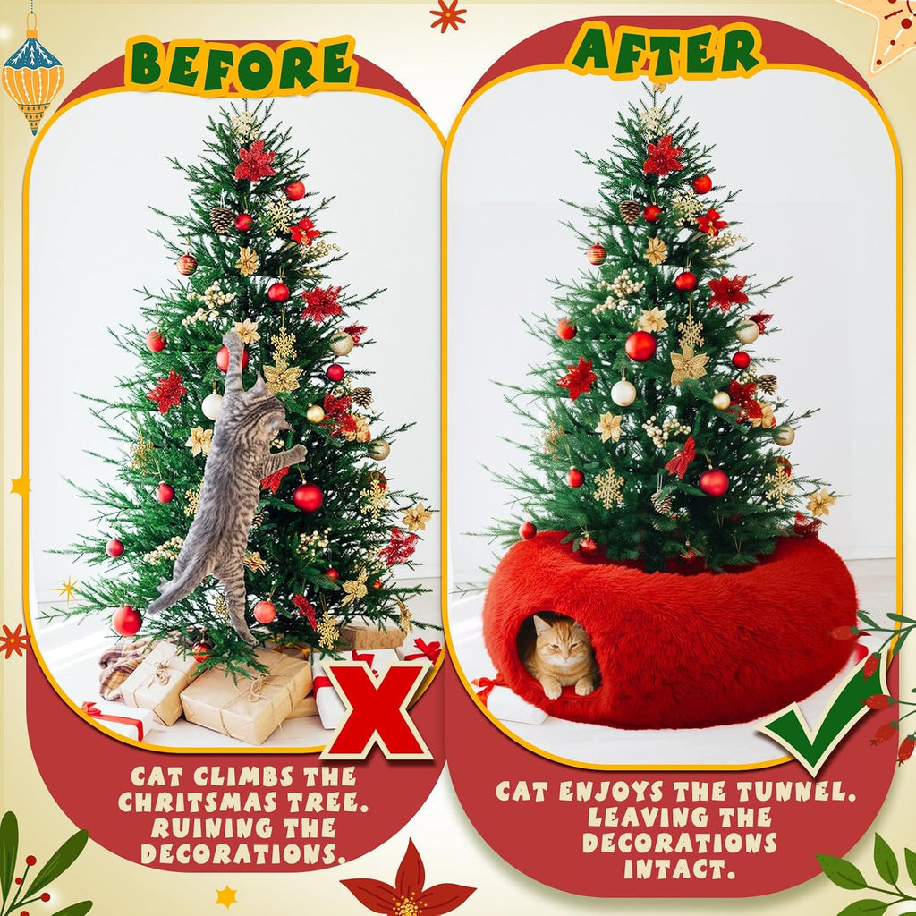 Thyle Christmas Cat Tunnel Bed, Red, 3ft X 3ft X 9.8in, Plush