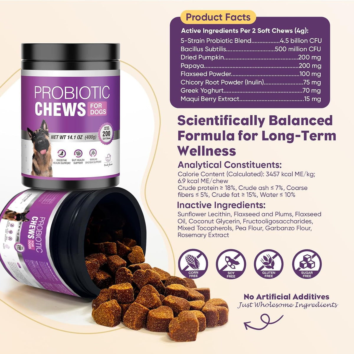 Probiotics for Dogs 200pcs Dog Probiotics for Digestive Health Duck