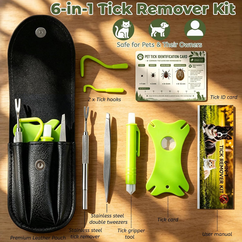 Tick Remover Tool Kit, 6-in-1 Professional Tick Removal for Dogs Cats Green