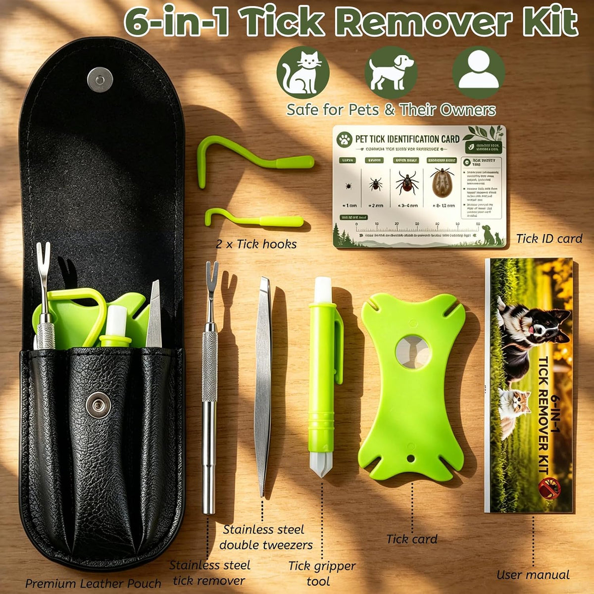 Tick Remover Tool Kit, 6-in-1 Professional Tick Removal for Dogs Cats Green